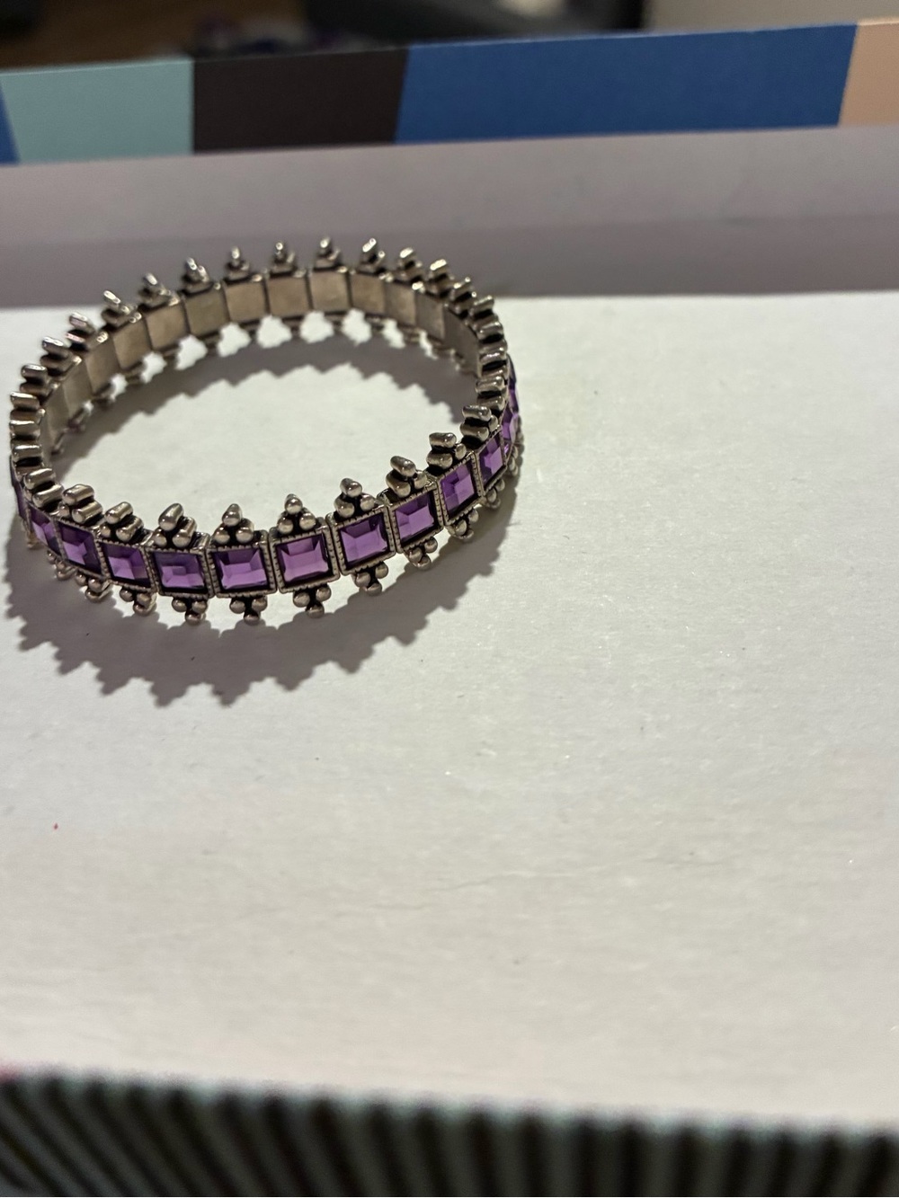 Silver-Tone Stretch Bracelet with Purple Square Accents